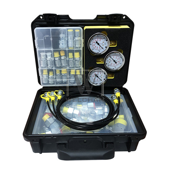 Excavator Hydraulic Pressure Gauge Tester Coupling 60U Pressure Test Group Pressure Testing 3 pcs Pressure Gauge+3 test Hose Assembly+13 pcs Test Coupling + 2 pcs Quick Release Coupling +19 pcs Swivel