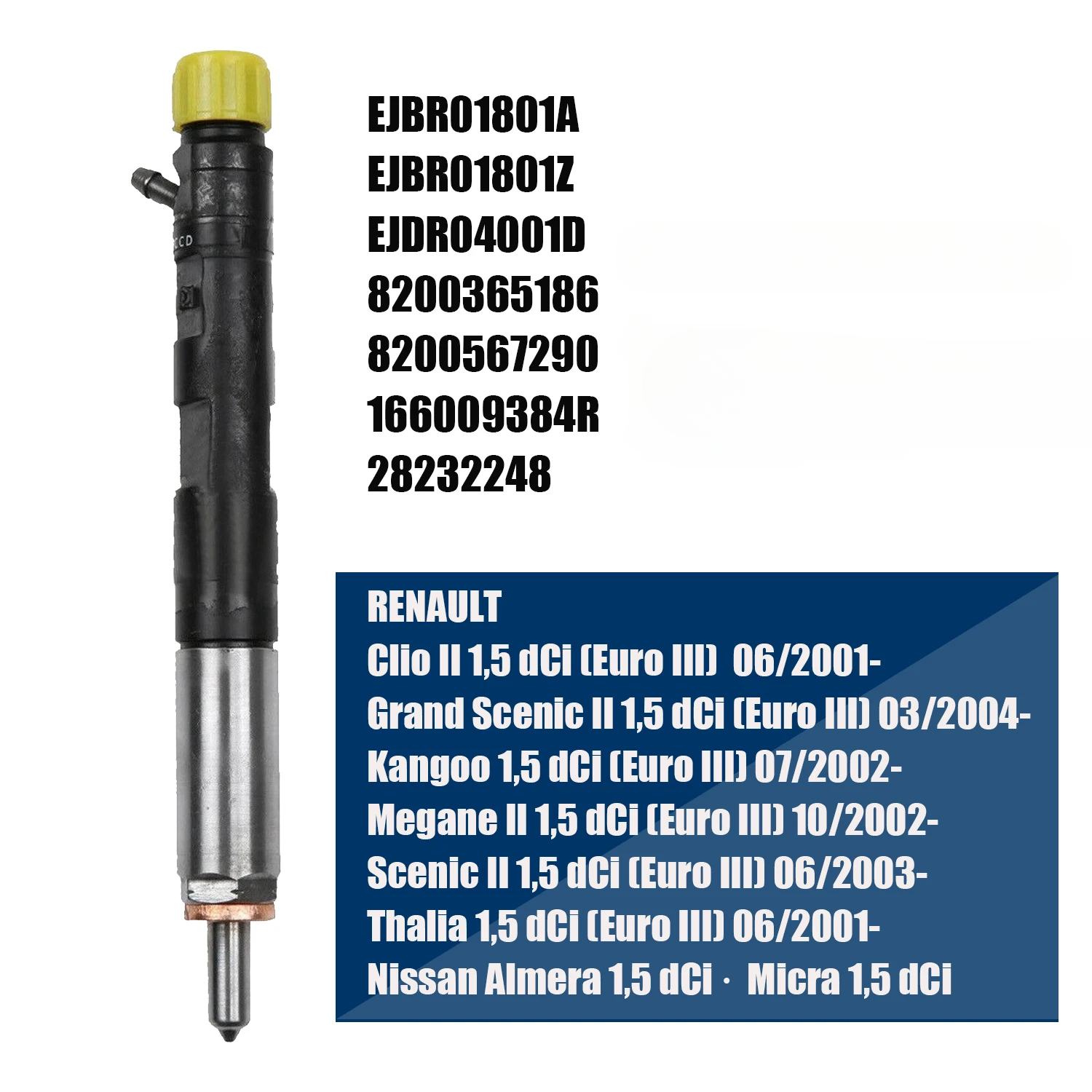 Delphi RENAULT diesel injector EJBR04001D 166009384R R04001D 8200567290 common rail injector Euro 3 1801A R01801Z 28232248 automotive parts Delphi RENAULT diesel injector EJBR04001D 166009384R R04001D 8200567290 common rail injector Euro 3 1801A R01801Z 28232248 automotive parts